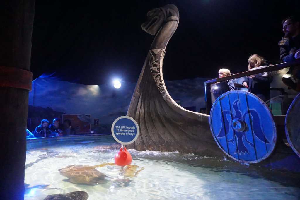 Children stand on board a mock Viking wooden ship in a tank of rays at an aquarium