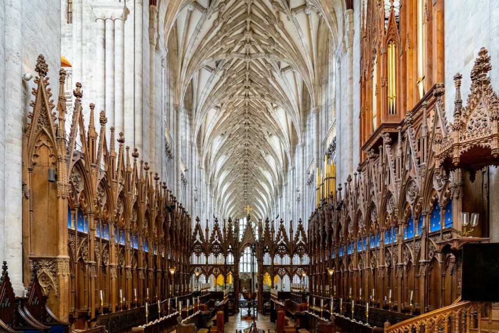Wooden carvings and stone ceiling inside Winchester Cathedral